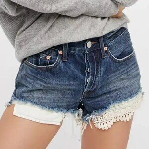 Free People We The Free Daisy Chain Denim Distressed Lace Cutoff Shorts - Dark